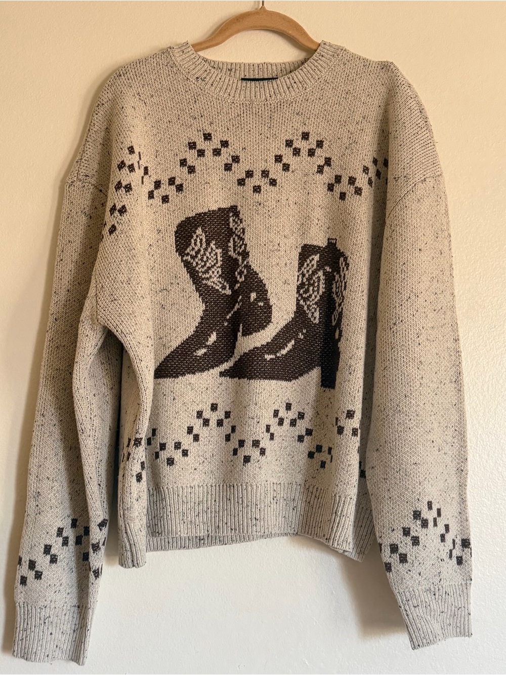 Vici Beige Graphic Cowboy Boot Knit Grampa Sweater Western Cowgirl